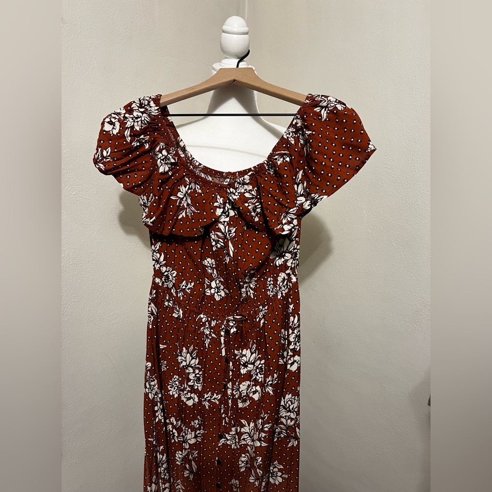 Floral Ruffle Hi-Low Dress in Orange and White